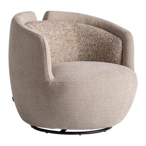 Sillón giratorio Vipiteno de estilo contemporáneo fabricado en poliéster en color beige con acabado chenilla combinado con hierro en color negro y madera de pino.